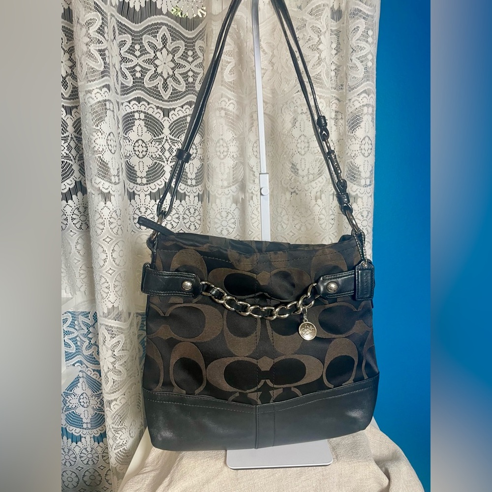 Coach Signature Canvas Shoulder Bag in Brown and Black